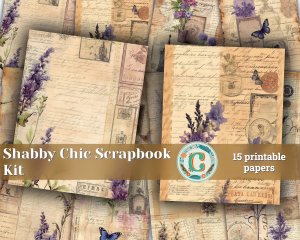 15 papers | Shabby Chic Vintage Scrapbooking Kit with Lavender Watercolor Details | Printable Pages for Junk Journals, Invitations