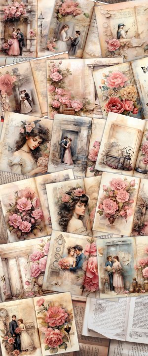 16 Pages of Shabby Chic Ephemera Scrapbooking Background Illustration with Intrinsic Details - Perfect for Invitations, Digital Planners