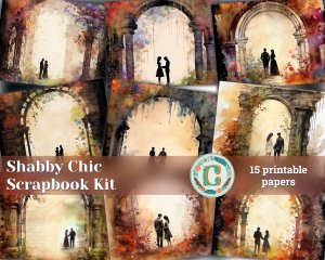 15 papers | Shabby Chic Bride and Groom Silhouette Scrapbooking Kit, Ancient Stone Arch Printable Papers, Wildflower Garden Journaling Kit