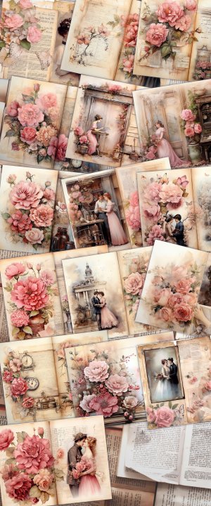 16 Pages of Shabby Chic Ephemera Scrapbooking Background Illustration, Perfect for Invitations, Digital Planners, Journaling, Junk Journals