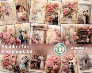 16 Pages of Shabby Chic Ephemera Scrapbooking Background Illustration, Perfect for Invitations, Digital Planners, Journaling, Junk Journals