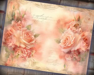 16 papers | Shabby Chic Scrapbooking Kit with Dusty Roses Illustration Background and Pastel Colors for Junk Journal and Invitations