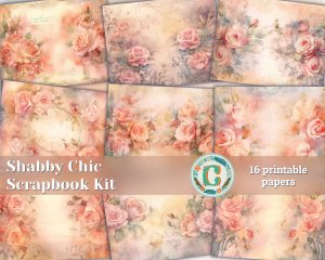 16 papers | Shabby Chic Scrapbooking Kit with Dusty Roses Illustration Background and Pastel Colors for Junk Journal and Invitations