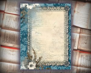 22 papers | Shabby Chic Scrapbooking Kit | Junk Journal Printable Pages | Blue Gothic Lace Border Embroidery | Scrapbooking Papers