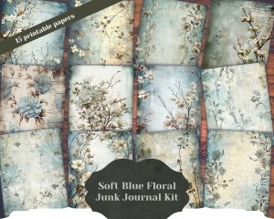 Rustic Soft Blue Floral Scrapbook Paper, High Res 8k, Perfect for Invitations, Digital Planners, Journaling, Junk Journals - DIY Crafts