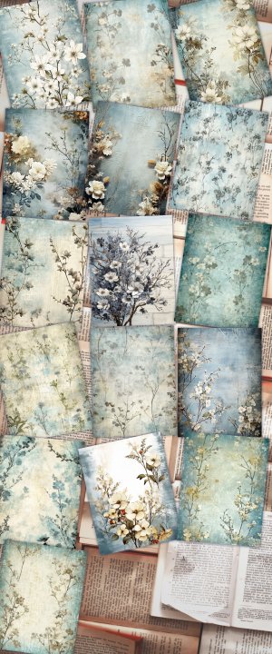 Rustic Soft Blue Floral Scrapbook Paper High Res 8K | Perfect for Invitations, Digital Planners, Journaling | Junk Journals & Designs