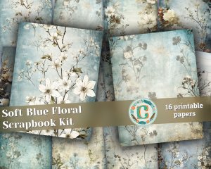 Rustic Soft Blue Floral Scrapbook Paper High Res 8K | Perfect for Invitations, Digital Planners, Journaling | Junk Journals & Designs