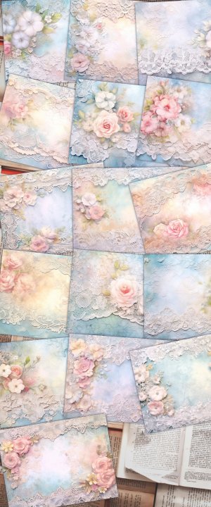 16 papers | Soft Blue Lace illustration background | Pastel colors | Fairy tale watercolor | Shabby chic ephemera | Scrapbooking kit