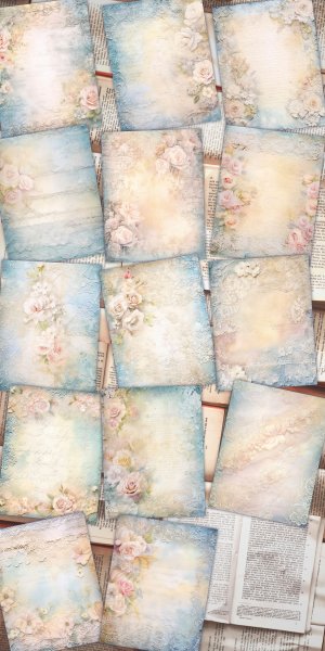 14 Papers | Soft Blue Lace Illustration Background | Pastel Colors | Scrapbooking Kit, Junk Journal, Shabby Chic Printable Pages