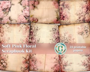 23 pages of rustic soft pink floral scrapbook paper high res 8k, perfect for invitations, digital planners, journaling, junk journals