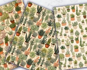 Succulent and Plant Digital Pattern Paper, Soft Neutral Colors, Gouache Style, Watercolor Illustration, Instant Download