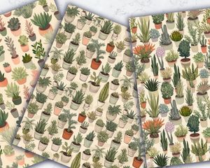 Succulent and Plant Digital Pattern Paper, Soft Neutral Colors, Gouache Style, Watercolor Illustration, Instant Download