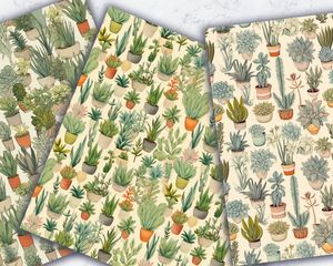 Succulent and Plant Digital Pattern Paper, Soft Neutral Colors, Gouache Style, Watercolor Illustration, Instant Download