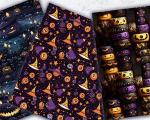 Spooky Halloween Themed Digital Paper with Vivid Colors, Cute Gothic Elements, and Empty Space for Crafts, Scrapbooking, and DIY Projects