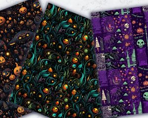 Spooky Halloween Themed Digital Paper with Vivid Colors, Cute Gothic Elements, and Empty Space for Crafts, Scrapbooking, and DIY Projects