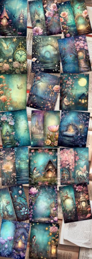 20 pages of Spring Night Fantasy Fairy Tale Scrapbooking Backgrounds - Vivid Colors, Shabby Chic Ephemera - Perfect for Invitations