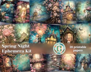 20 Pages of Spring Night Background, Fantasy Fairy Tale, Vivid Colors, Shabby Chic Ephemera for Scrapbooking, Invitations, Digital Planners