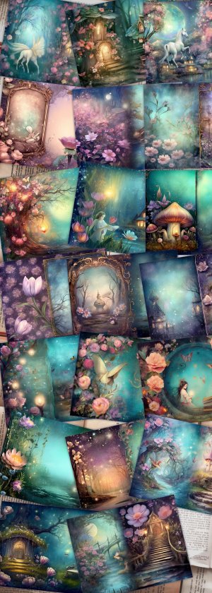 20 Pages of Spring Night Fantasy Fairy Tale Scrapbooking Backgrounds | Vivid Colors | Shabby Chic Ephemera | Perfect for Invitations