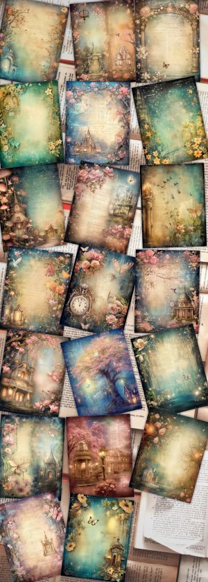 20 pages of Spring Night Fantasy Fairy Tale Scrapbooking Backgrounds - Vivid Colors, Shabby Chic Ephemera - Perfect for Invitations