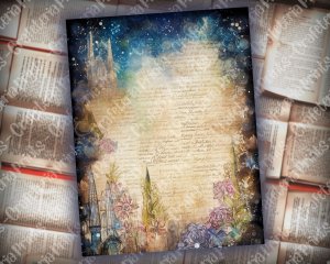 12 pages of Spring Night background Fantasy Fairy tale vivid colors, shabby chic ephemera, scrapbooking background, watercolor illustration