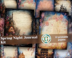 12 pages of Spring Night background Fantasy Fairy tale vivid colors, shabby chic ephemera, scrapbooking background, watercolor illustration