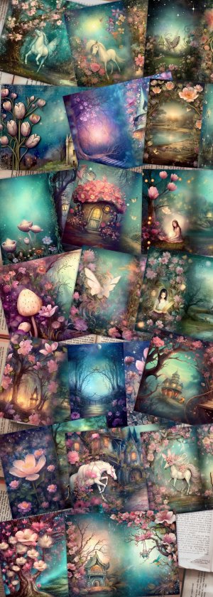 20 Pages of Spring Night Background Fantasy Fairy Tale Vivid Colors, Shabby Chic Ephemera, Scrapbooking Background for Invitations