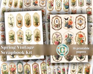 16 Papers | Vintage Labels with Spring Elements | Scrapbooking Kit & Printable Pages | Shabby Chic Journaling Kit | Junk Journal Supplies