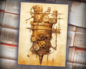 20 Papers | Tea Dyed Steampunk Scrapbooking Kit with Mechanical Cogs, Golden Tones, and Vintage Illustrations - Printable Pages