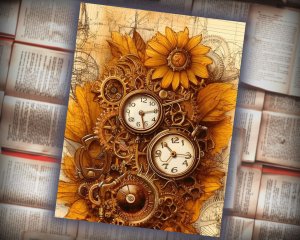 20 Papers | Tea Dyed Steampunk Scrapbooking Kit with Mechanical Cogs, Golden Tones, and Vintage Illustrations - Printable Pages