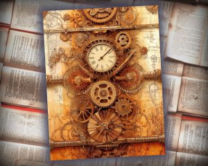 20 Papers | Tea Dyed Steampunk Scrapbooking Kit with Mechanical Cogs, Golden Tones, and Vintage Illustrations - Printable Pages