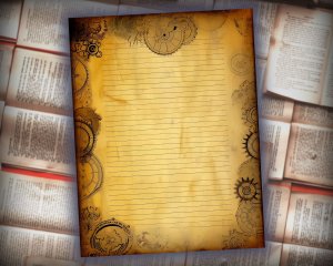 20 Papers | Tea Dyed Steampunk Scrapbooking Kit with Mechanical Cogs, Golden Tones, and Vintage Illustrations - Printable Pages