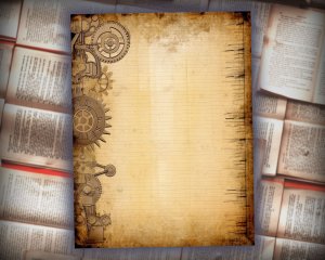 20 Papers | Tea Dyed Steampunk Scrapbooking Kit with Mechanical Cogs, Golden Tones, and Vintage Illustrations - Printable Pages