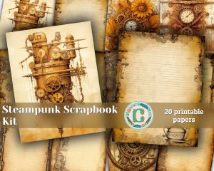 20 Papers | Tea Dyed Steampunk Scrapbooking Kit with Mechanical Cogs, Golden Tones, and Vintage Illustrations - Printable Pages