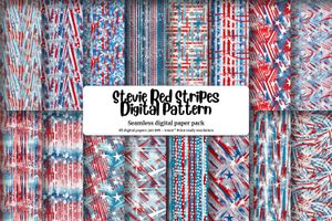 Digital Seamless Pattern Paper with Stevie Red Stripes and White Stars on Blue Abstract Art - Watercolor Digital Scrapbooking Pap