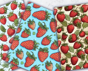 Strawberry Clipart Digital Pattern Paper | Cute Watercolor Doodle Illustration | Seamless Texture | Big Elements | Light Background