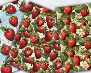 Strawberry Clipart Digital Pattern Paper | Cute Watercolor Doodle Illustration | Seamless Texture | Big Elements | Light Background