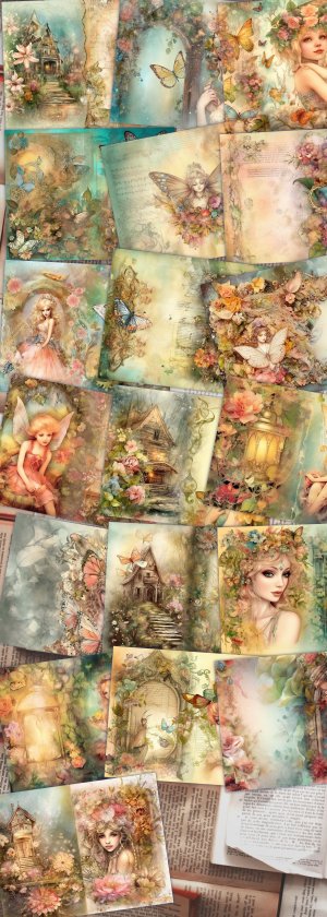 19 pages of Summer Fairy Fantasy Fairy Tale Vivid Colors Shabby Chic Ephemera Scrapbooking Background, Perfect for Invitations