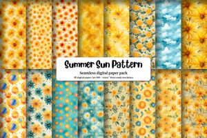 Vibrant Summer Sun Digital Paper with Seamless Texture - Sun Pattern, Sunny Background, Watercolor Illustration Style for Scrapbooking