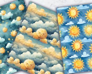 Summer Sun and Cute Clouds Digital Pattern Paper, Watercolor Texture, Summer Vibe, Watercolor Illustration, Seamless Background Design