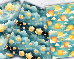 Summer Sun and Cute Clouds Digital Pattern Paper, Watercolor Texture, Summer Vibe, Watercolor Illustration, Seamless Background Design