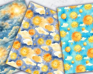 Summer Sun and Cute Clouds Digital Pattern Paper, Watercolor Texture, Summer Vibe, Watercolor Illustration, Seamless Background Design