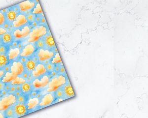 Summer Sun and Cute Clouds Digital Pattern Paper, Watercolor Texture, Summer Vibe, Watercolor Illustration, Seamless Background Design