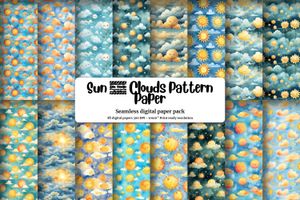 Summer Sun and Cute Clouds Digital Pattern Paper, Watercolor Texture, Summer Vibe, Watercolor Illustration, Seamless Background Design