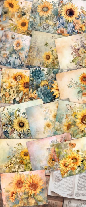 Watercolor Pastel Sunflowers Junk Journal Background, Fairy Collage Printable, Digital Nature Journal Paper, Floral Muted Colors