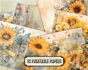 Watercolor Pastel Sunflowers Junk Journal Background, Fairy Collage Printable, Digital Nature Journal Paper, Floral Muted Colors