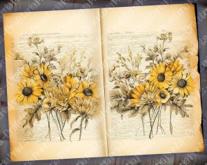 Watercolor Illustration Lined Paper Sunflowers Floral Theme Vintage Flowers Wallpaper for Junk Journal, High Quality, High Detailed