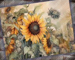 Watercolor Fairy Tale Sunflowers Junk Journal Background, Printable Collage Paper, Digital Nature Journal, Floral Background, Muted Colors