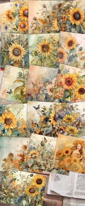 Watercolor Fairy Tale Sunflowers Junk Journal Background, Printable Collage Paper, Digital Nature Journal, Floral Background, Muted Colors