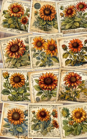 12 Papers | Vintage Sunflower Postage Stamp Clipart for Scrapbooking, Invitations, and Designs | High Quality, Digital Planner