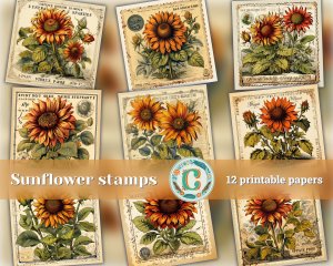 12 Papers | Vintage Sunflower Postage Stamp Clipart for Scrapbooking, Invitations, and Designs | High Quality, Digital Planner